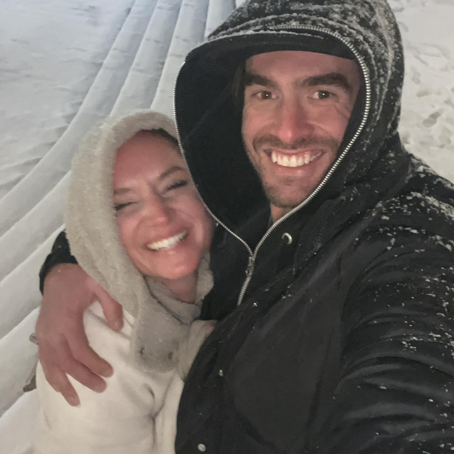 This was Maine in a snow storm. John was making Lindsey hysterically laugh.