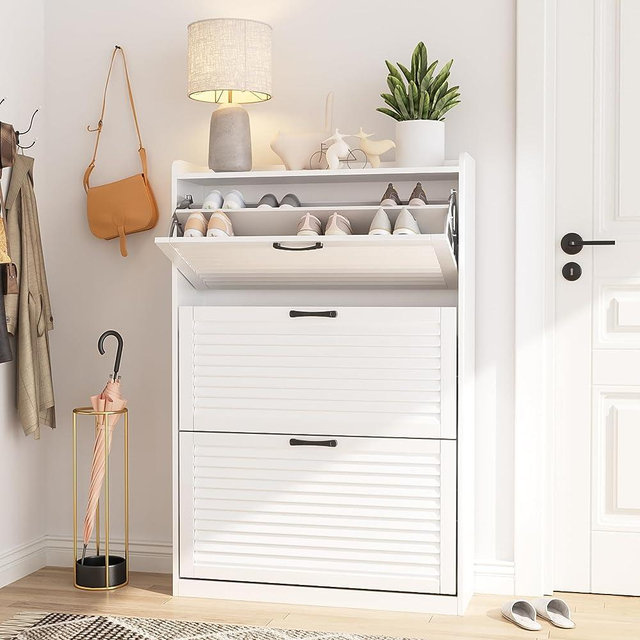 Maupvit Shoe Cabinet with 3 Flip Drawers, Freestanding Shoe Cabinet Organizer with Modern Louvered Doors, Shoes Storage Cabinet for Entryway, Narrow Shoe Rack Cabinet, Metal Flip Drawer Hinges, White