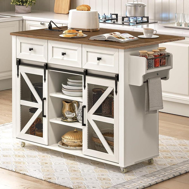 RALGEND Kitchen Island with Storage, Kitchen Cart with Charging Station, Rolling Kitchen Island Table with Drop-Leaf, 3 Drawers, Barn Doors, Towel Rack and Spice Rack, White and Walnut