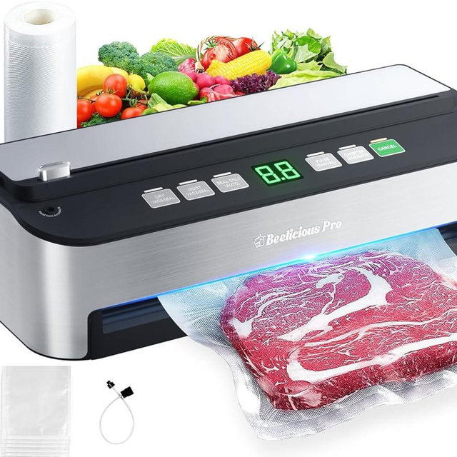 PressFree TRUE-Auto Vacuum Sealer Machine, Beelicious 85KPA Fully Automatic 8-IN-1 Food Sealer with Bags Storage, Build-in Cutter, Moist Mode and Air Suction Hose |Sous Vide | Digital Countdown