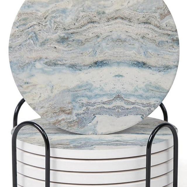 Hoomey Set of 6 Mix Color Abstract Onyx Marble Coasters with Holder, Absorbent Ceramic Coasters for Drinks, Coasters with Cork Backing for Table Protection, Home Decor, Coffee Table Decor