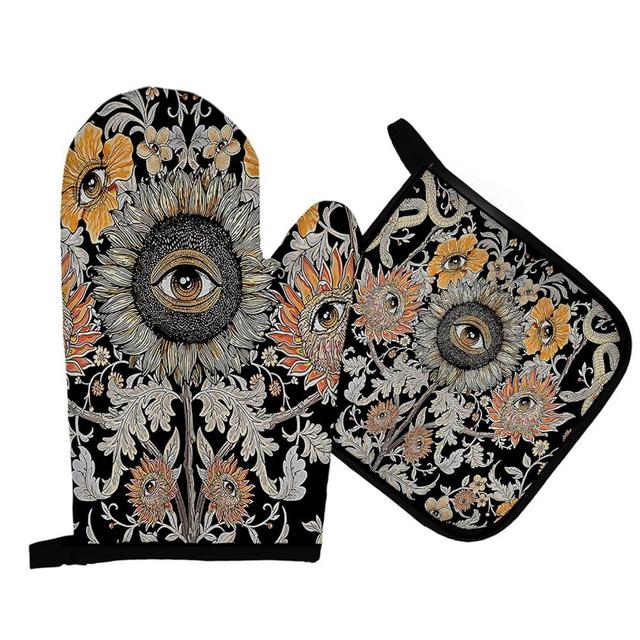 Mingnei Evil Eye Trippy Floral Oven Mitts and Pot Holders Sets, Evil Eyes Sunflower Heat Resistant Potholder Kitchen Decor for Cooking Baking BBQ Grilling, Goth Evil Eye Oven Glove Set, Witchy Gifts