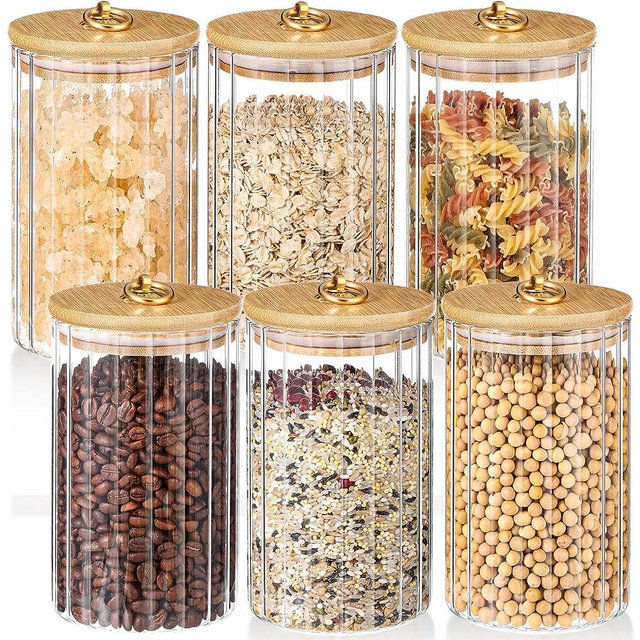Rtteri 6 Pcs Glass Storage Jars 30oz Decorative Coffee Bar Container Food Glass Canisters with Airtight Lids and Metal Ring for Kitchen Storing Organization Storing Sugar Cereal Spaghetti Pasta Candy
