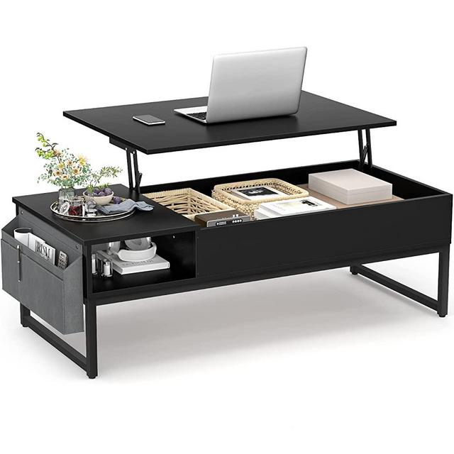 Aheaplus Lift Top Coffee Table with Storage, Wood Lifting Top Central Table Metal Frame, 43.3" Lift Tea Table with Side Pouch, Cocktail Table Modern Adjustable Table for Living Room, Black