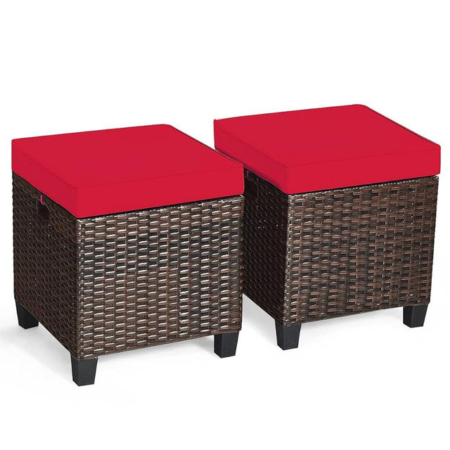 HAPPYGRILL 2-Pieces Patio Ottoman Set Outdoor Rattan Wicker Ottoman Seat with Removable Cushions Patio Furniture Footstool Footrest Seat