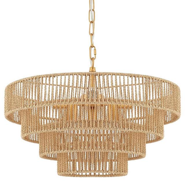 ELYCCUPA 6-Lights Hand-Woven Rattan Pendant Light 4 Round Transitional Minimalist Boho Large Pendant Light for Kitchen Island Dining Room Living Room Hallway, Dia 20 Inch, UL Listed