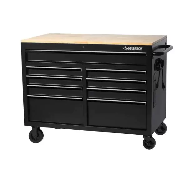46 in. W 9-Drawer, Deep Tool Chest Mobile Workbench in Black with Hardwood Top