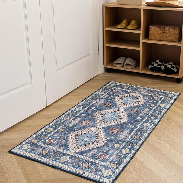 KEKUOU Vintage Machine Washable Rug, 2x4 Entry Rug Non-Slip Indoor Door Mat,Water Repellent Floor Carpet for Entryway, Kitchen,Living Room,Bedroom(2'* 4'，Blue/Multi)