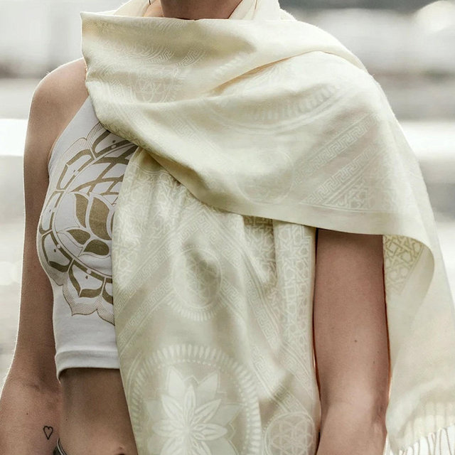 White on White Eternal Series Scarf / 15" wide Pashmina / Sacred Geometry Festival Clothing / Bamboo + Organic Cotton Hood