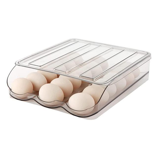MesRosa Large Capacity Egg Holder for Refrigerator, Automatically Rolling Egg Storage Container for Refrigerator,Egg Organizer for Fridge with Lid,Clear Plastic Egg Dispenser,Egg Tray & Bin -1 Layer