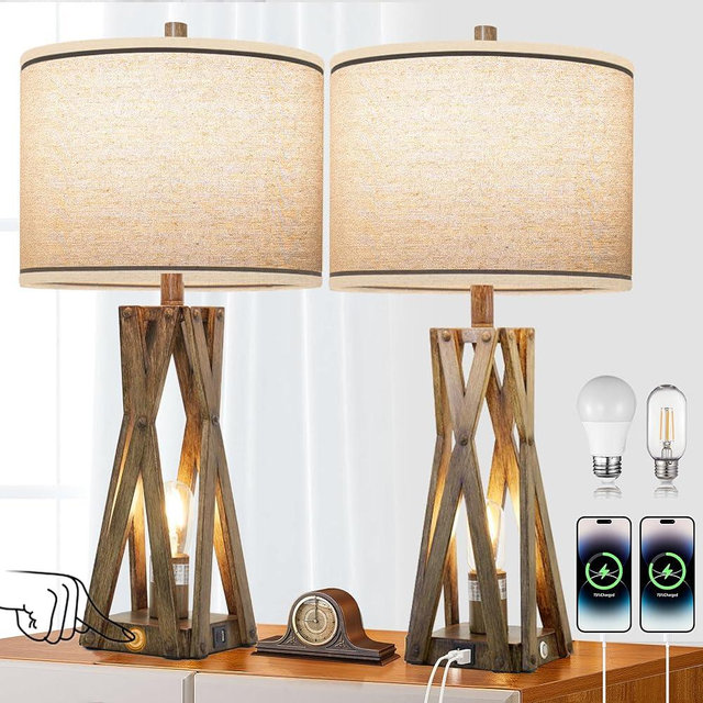 WEITERS 27.5" Touch Control Farmhouse Table Lamp Set of 2, 3-Way Dimmable Bedside Lamp with USB C+A & AC Outlet, Lamp for Living Room End Table, Modern Bedroom Nightstand Lamp, 4 Bulbs Included (Wood)