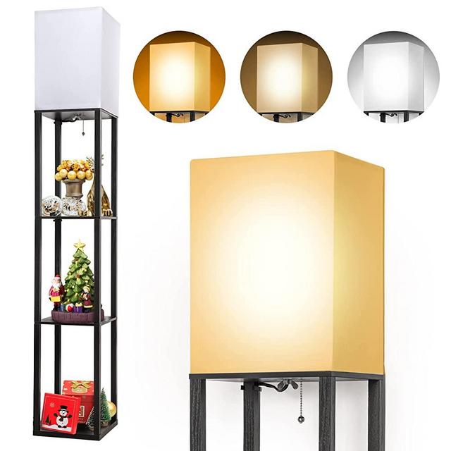 Floor Lamp with Shelves - Saridi Modern Solid Wood Standing lamp Clearance with Lamp Shade and Adjustable 3 Colors LED Bulb, Display Storage Shelf Floor Lamps for Living Room, Bedroom, Study Room