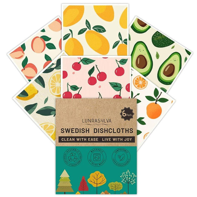 Swedish Dishcloths for Kitchen 6 Pack, Reusable Paper Towels Super Absorbent, Biodegradable Quick Drying Washable Dish Cloths Dishwasher Safe, Perfect as Hostess or Housewarming Gifts (Fruit)