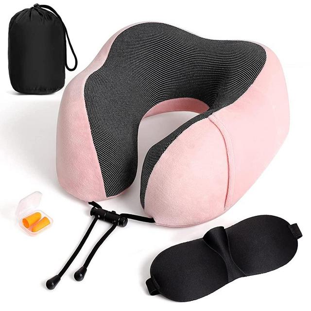 Travel Pillow 100% Pure Memory Foam Neck Pillow, Breathable & Machine Washable Cover, Neck Support Pillow with 3D Contoured Eye Mask, Earplugs & Portable Bag for Airplane Travel