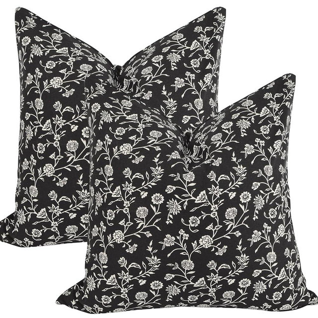 Oveesha Floral Pillow Covers Vintage Flower Cushion Covers Rustic Grand Millennial Style Pillow Cases for Throw Pillows Home Decor for Sofa Couch Bed 20”x20” Set of 2 Black and White Botanical Design