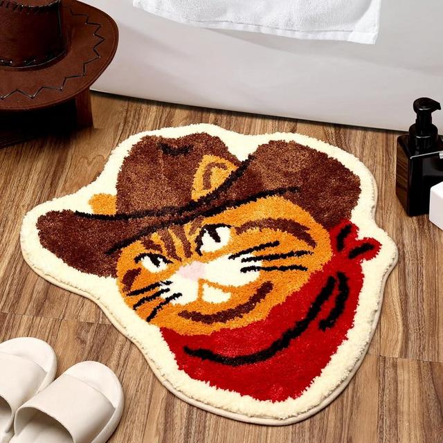 Percozzi Cat Bath Rug Funny Western Bath Mat Non Slip Washable Floor Mat with Western Cat Design Soft Tufted Plush Doormat for Bathroom Bedroom Room Indoor Gift for Pet Owner