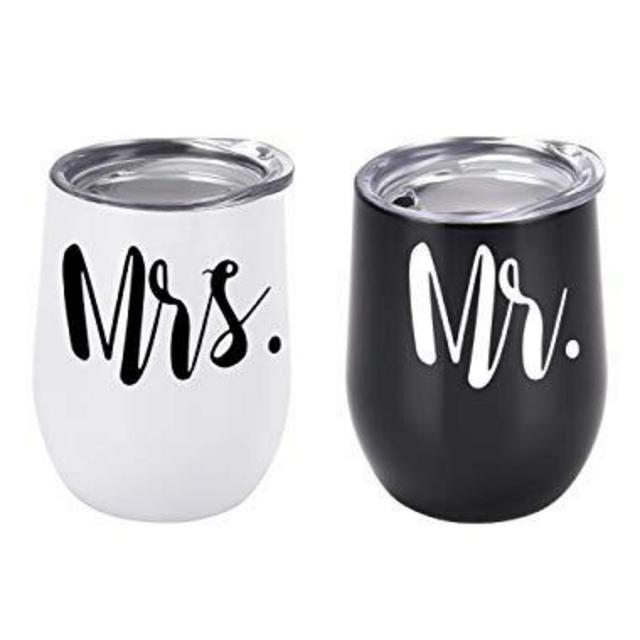 Mr and Mrs Wine Tumbler Set, Wedding Wine Tumbler Gift, 12 Oz Insulated Stainless Steel Wine Tumbler for Newlyweds Couples Wife, Wedding Tumbler Gift for Bridal Showers Engagement, Set of 2