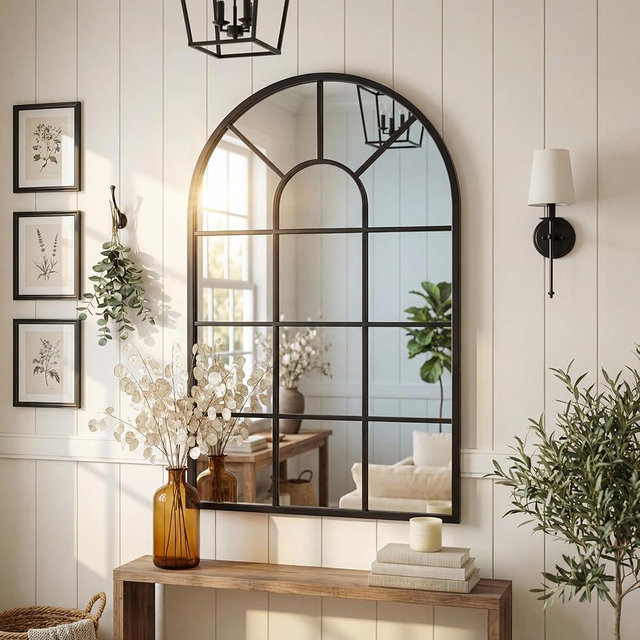 Black Arched Window Mirror | Farmhouse Decorative Wall Mirrors for Living Room, Bedroom, Entryway, Bathroom Vanity, Fireplace Mantel | Window Pane Mirror Wall Decor | Arch Mirror Modern Accent Décor