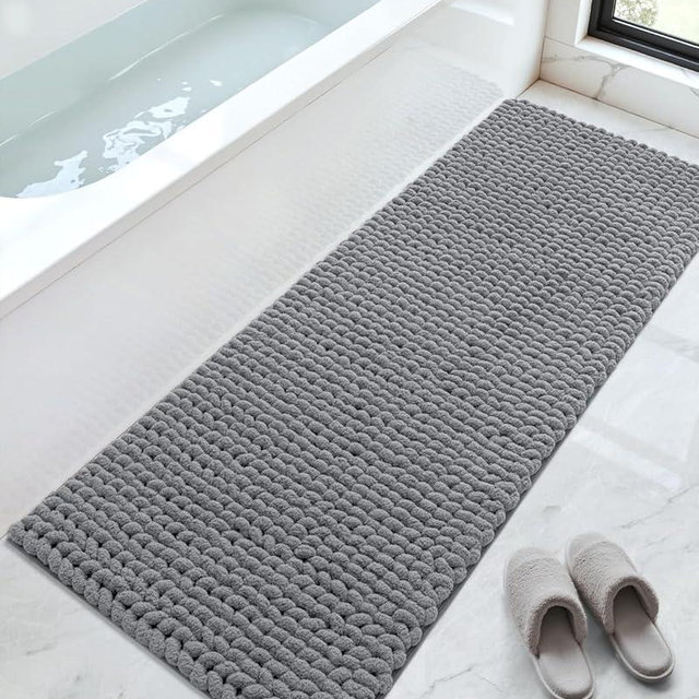 DEXI Bathroom Runner Rugs 24x60, Non Slip Washable Long Bath Mat, Luxury Chenille Super Absorbent Ultra Thick Bathmats for Shower Floor, Plush Fluffy Shaggy Carpet for Tub, Dark Grey