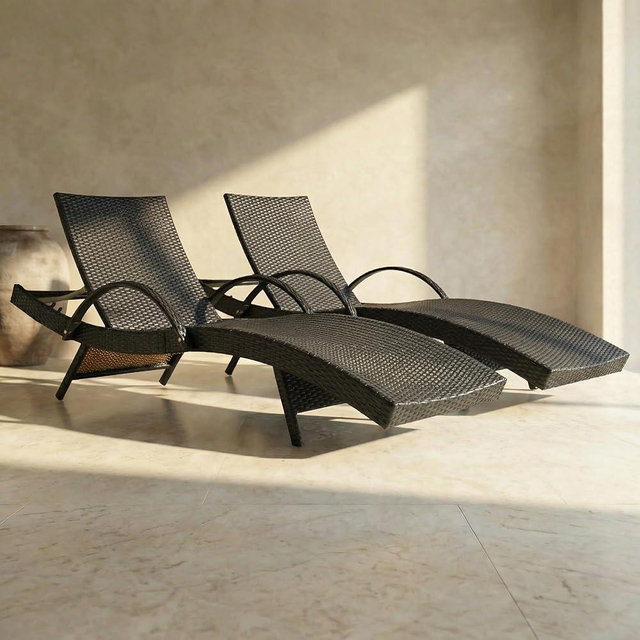 OVENTA Outdoor Wicker Patio Chaise Lounge Chair Set of 2, Dark Brown Rattan Pool Furniture Lounger for Outside Poolside Lounges, Jumbo Co Chaise Lounge Chairs, Wicker Patio Pool Furniture