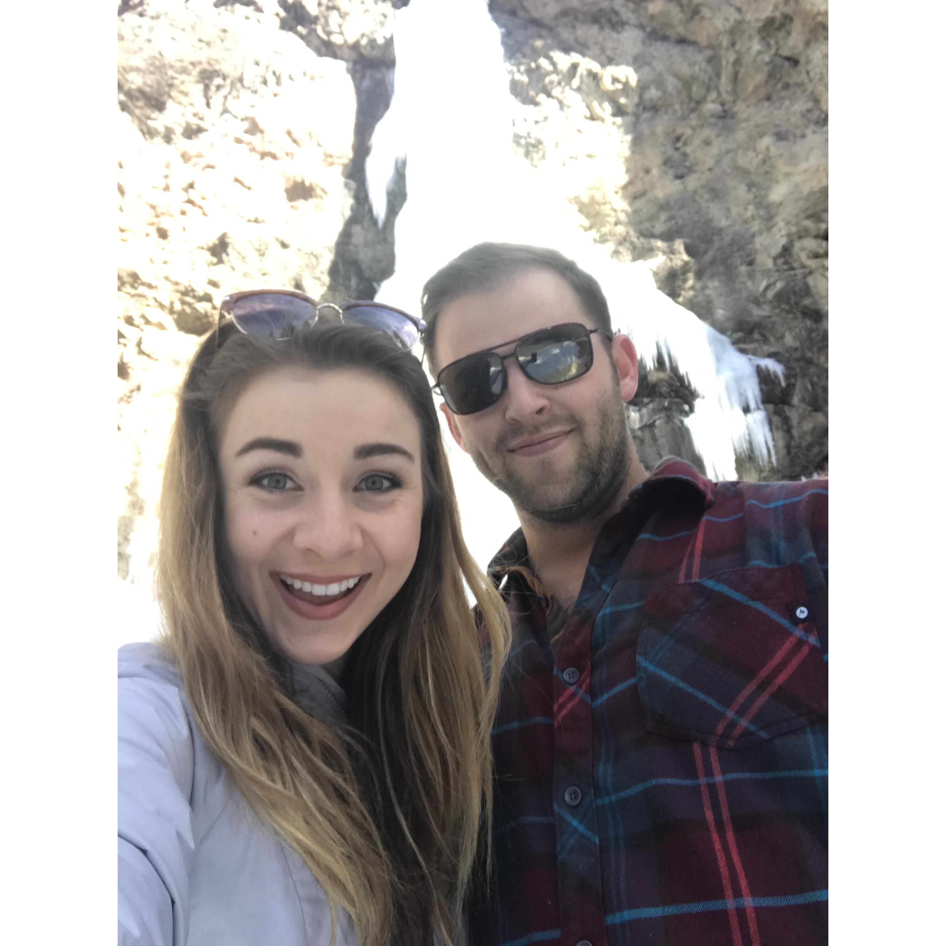 Our first picture together on our first trip to Pagosa (same waterfall we got engaged under!)