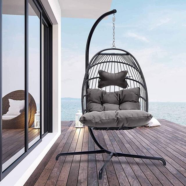 Indoor Outdoor Patio Wicker Hanging Chair Swing Egg Basket Chairs with Stand UV Resistant Cushions with Aluminum Frame 350lbs Capaticy for Patio Backyard Balcony (Dark Gray)