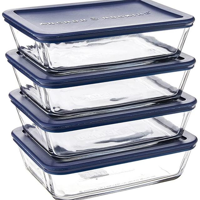 Anchor Hocking 6-Cup Rectangular Food Storage Containers with Blue Plastic Lids, Pack of 4