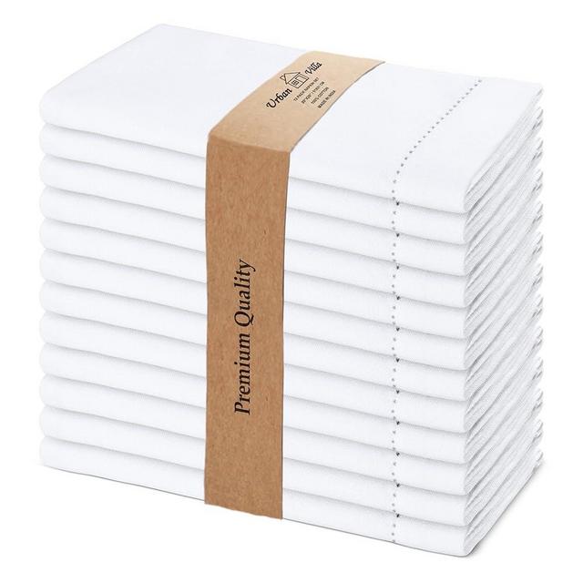 Urban Villa Cloth Napkins Hemstitch Solid White 100% Cotton Absorbent Dinner Napkins (Set of 12) 20x20 Inches Soft Durable Washable Reusable Ideal for Everyday Use Wedding Parties Cloth Dinner Napkins