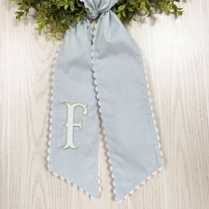 Embroidered Initial Ric Rac Wreath Sash, Personalized Front Door Decor - blue w/ white border