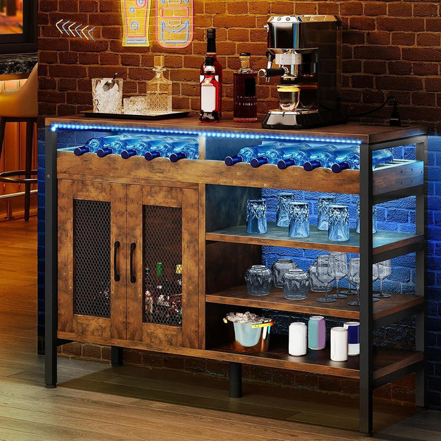 YITAHOME 47" Industrial Coffee Bar Cabinet with Led Lights and Power Outlets, Liquor Cabinet w/Doors Wine Rack Storage Metal Wood Sideboard Buffet Cabinet Wine Cabinets for Home Dining Living Room