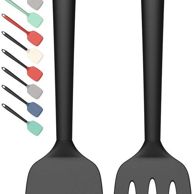 Coukre 2 Pack Silicone Spatula Set, High Heat Resistant, BPA Free Kitchen Spatula, Solid & Slotted Turner for Non-Stick Pans, Sautéing, and Flipping (2, PureBlack)