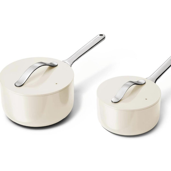 Caraway Nonstick Ceramic Sauce Pans with Lids (3 qt & 1.75 qt) - Non Toxic, PTFE & PFOA Free - Oven Safe & Compatible with All Stovetops (Gas, Electric & Induction) - Cream