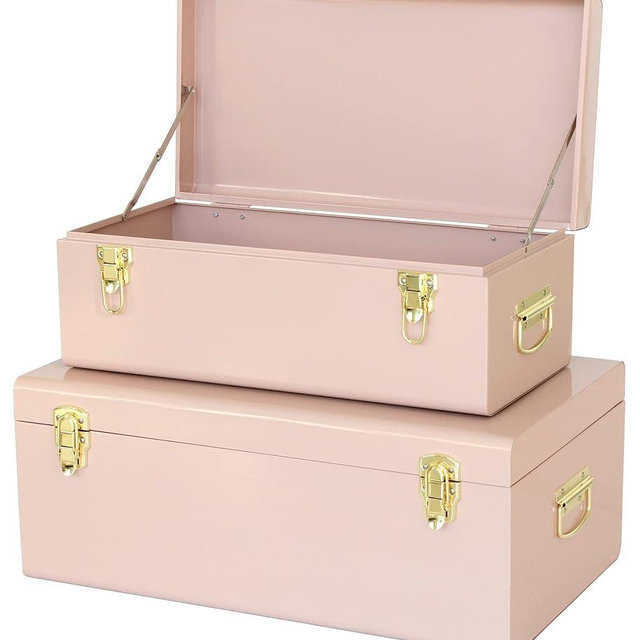Vixdonos Metal Trunks College Dorm Steel Chests Decorative Storage Box Set of 2 Bedroom Organizer for Home Decor,23.7X14.2X9.5 Inches(Pink)
