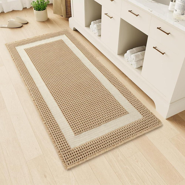MontVoo Waffle Runner-Rug,Super Absorbent Bath Mats for Bathroom Ultra Soft Bathroom Runner Rug with Tassels,Boho Bathroom Rugs Non Slip Washable Bath Rugs for Bathroom Floor Mat,24"x48",Beige
