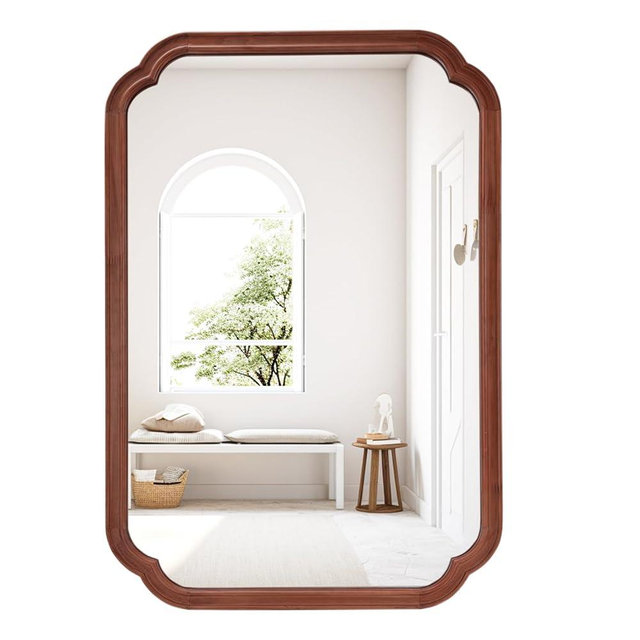 HOMECOOKIN Bathroom Mirrors for Wall, 24" x 36" Rounded Corner Arched Farmhouse Bathroom Mirror for Bedroom or Living Room Wall Decor, Rustic Wood Frame Mirror,Walnut