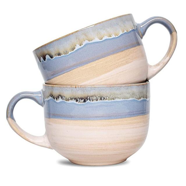 Bosmarlin Large Stoneware Coffee Mug Set of 2, Jumbo Latte Mugs for Office and Home, 16 Oz, Dishwasher and Microwave Safe(Blue, 2)
