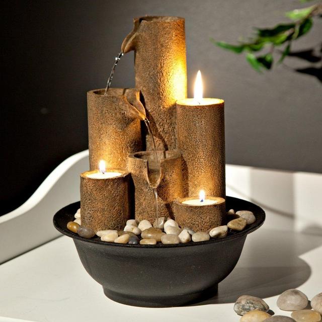 Alpine Corporation Pouring Tiers Tabletop Fountain with 3 Candles - Zen Indoor Decor for Office, Living Room, Bedroom - 11 Inches