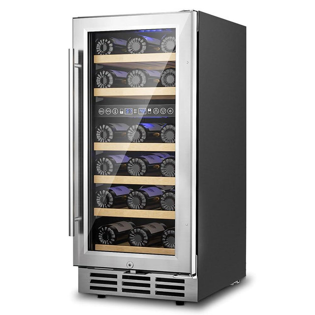 15 Inch Dual Zone Wine Refrigerator, 29 Bottle Under Counter Wine Fridge, Wine Refrigerator for Built-In or Freestanding, Wine Cooler with Removable Shelves, Double-Layer Glass Door, for Home