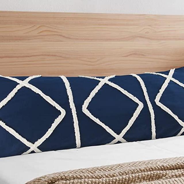 Bohemian Boho Chic Dark Navy Blue and Ivory Macrame Tufted Tassel Accent Decorative Couch Long Throw Zipper Body Pillow Cover Case 54x20 Solid Textured Minimalist Fringe Farmhouse Geometric Room Decor
