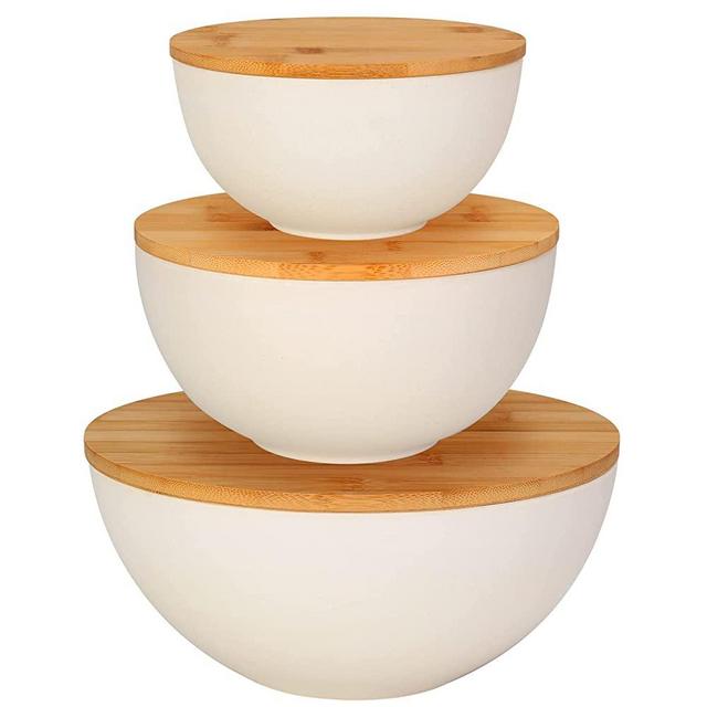 ShineMe Salad Bowl with Lid, Natural Bamboo Fiber Serving Bowls Set of 3 with Utensils & Lids, Mixing Bowls for Preparing, Storing and Serving Salad, Cereal, Fruit, Popcorn,Chips, Bread(10",8",6")