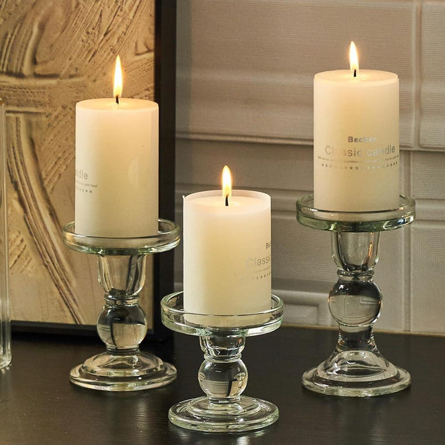 Willceka 3 Pcs Clear Candle Holder, Pillar Candle Holder Set, Glass Candlesticks Holders Taper Candles Tealight (Clear)