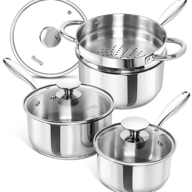 MICHELANGELO Saucepans with Lids & Steamer 7Pcs, Stainless Steel Pot Set with Triply Bottom, 3 Quart Saucepan with Steamer, 18/10 Saucepan Set Induction Compatible - 1QT & 2QT & 3QT