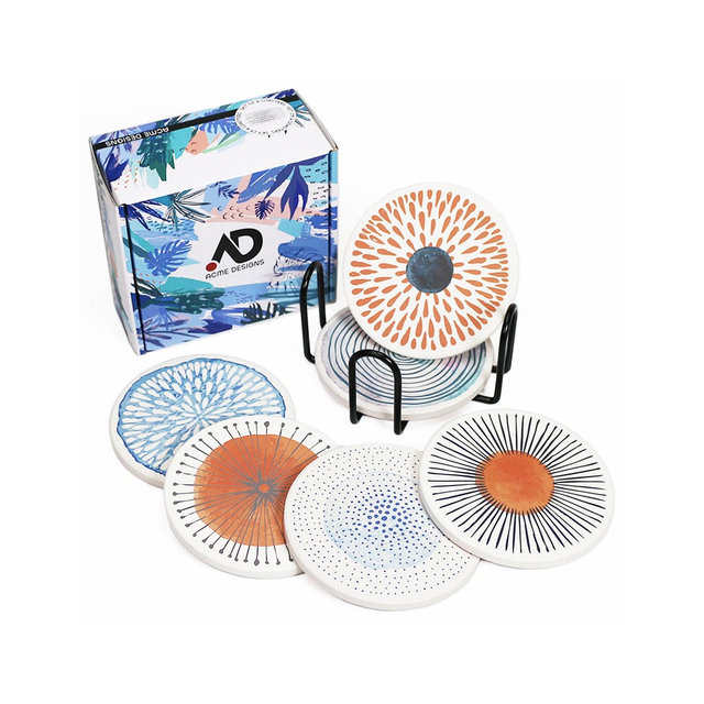 Absorbent Ceramic Stone Drink Coaster HOLDER Set| Abstract Watercolor Cork Base Cup Coasters| Round Turkish Moroccan Persian Drinkware Gift