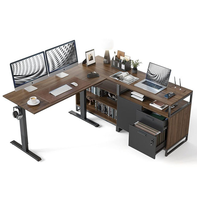 FEZIBO 66 Inch L Shaped Standing Desk with Drawers & Shelves, Executive Table Adjustable Height, Black Walnut Top/Black Frame