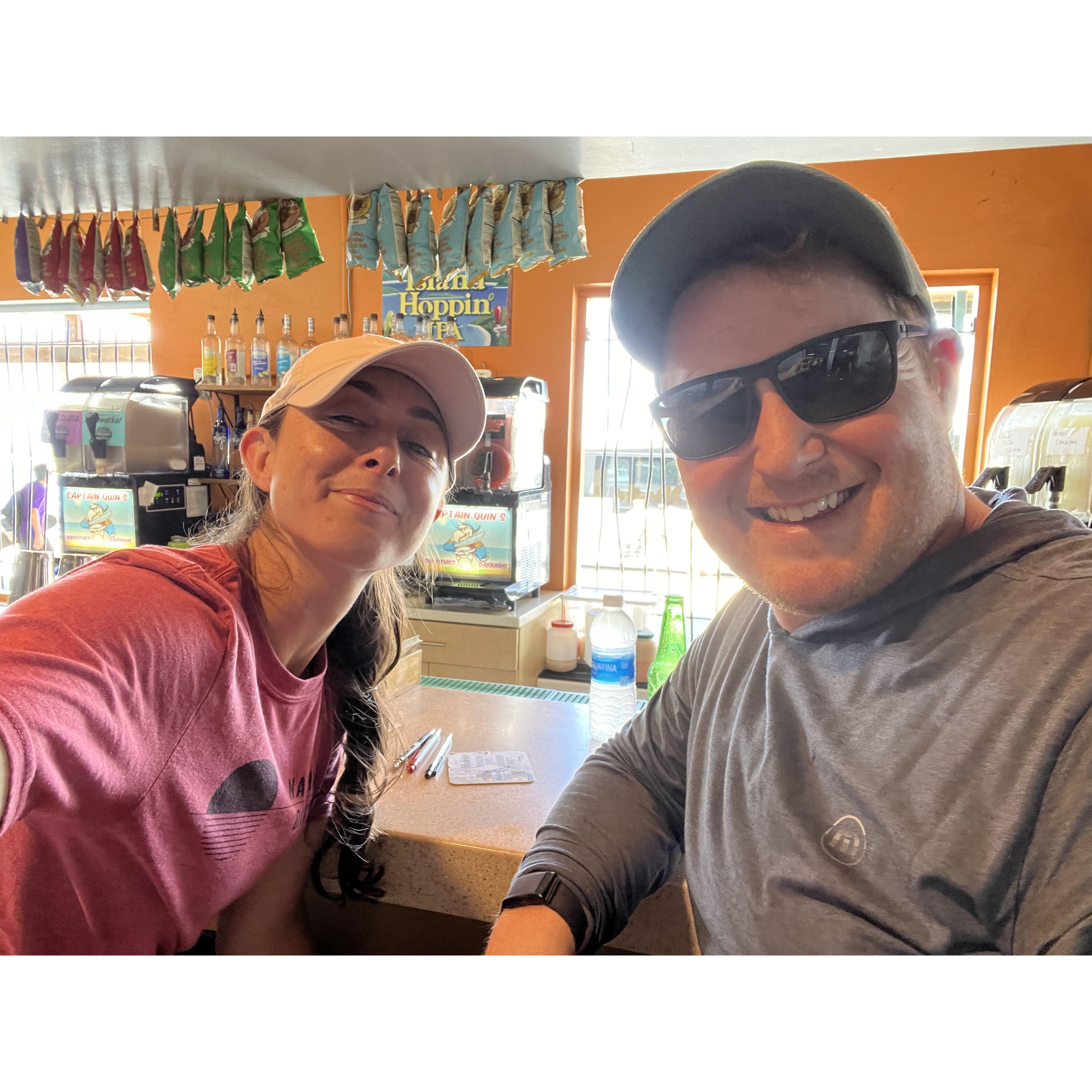 Waiting for our ferry while enjoying a beer at the Redhook Bar