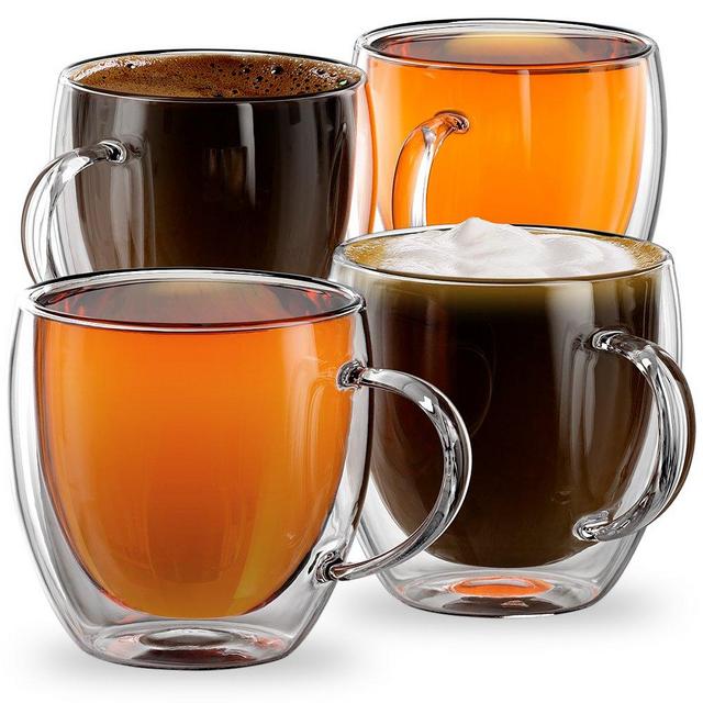 Stone & Mill Set of 4 Double Walled Glass Americano Coffee Cups, 8.5 Ounce, Firenze Collection, Insulated Mugs for Latte, Cappuccino, Tea, Box Set AM-02