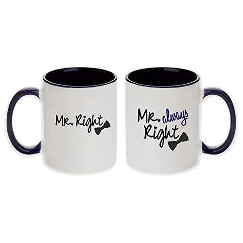 Gay Wedding Gift Pair Mugs - Mr. Right & Mr. Always Right Pair Mugs with Optional Personalized Names and Date (Dk Blue - 2pcs)