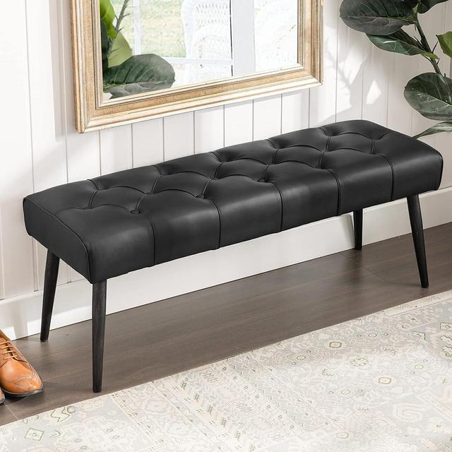 LUE BONA 44.5” Ottoman Bench, Litchi Leather Tufted Upholstered Bedroom Bench, Modern Footrest Stool Accent Bench with Metal Legs Storage for Entryway, Hallway, Dining Room, End of Bed, 300LB, Black