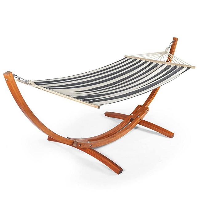 AOTIFARM Wooden Hammock with Stand Outdoor Spreader Bar Hammock with Stand Arc Hammock Bed Chair with Stand for Single Person 250 lb Capacity (Beige and Blue)
