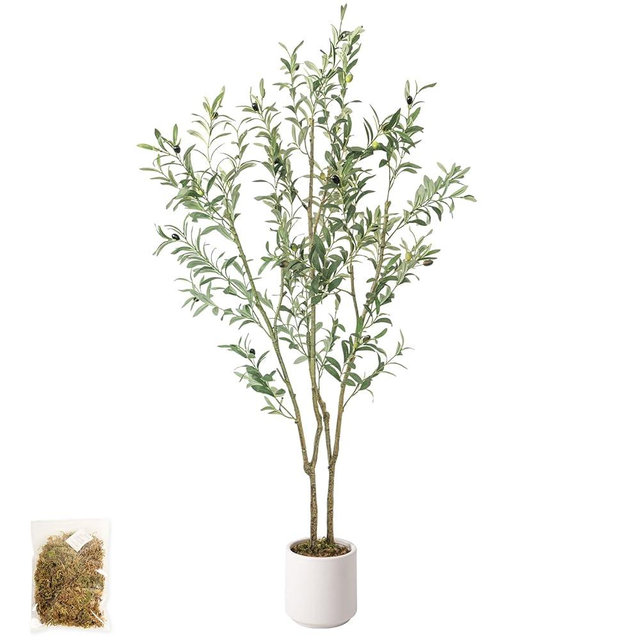 MCTYBB Artificial Fake Olive Tree 5FT Tall 1Pack with White Planter Faux Silk Olive Tree for Home Living Room Office Decor Faux Artificial Plants Indoor with Fruit & Free Moss